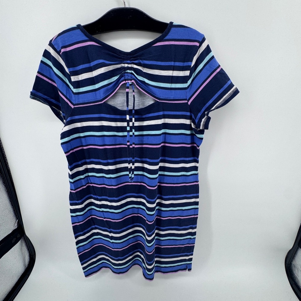 T by Talbots Womens Petite Large Blue Striped Short Sleeve Open Back Top LP - Picture 6 of 7